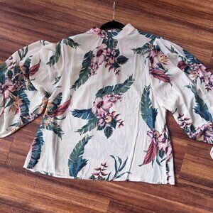 Flying Tomato Women's Floral Mock Neck Billowy Blouse (Cream, Medium)